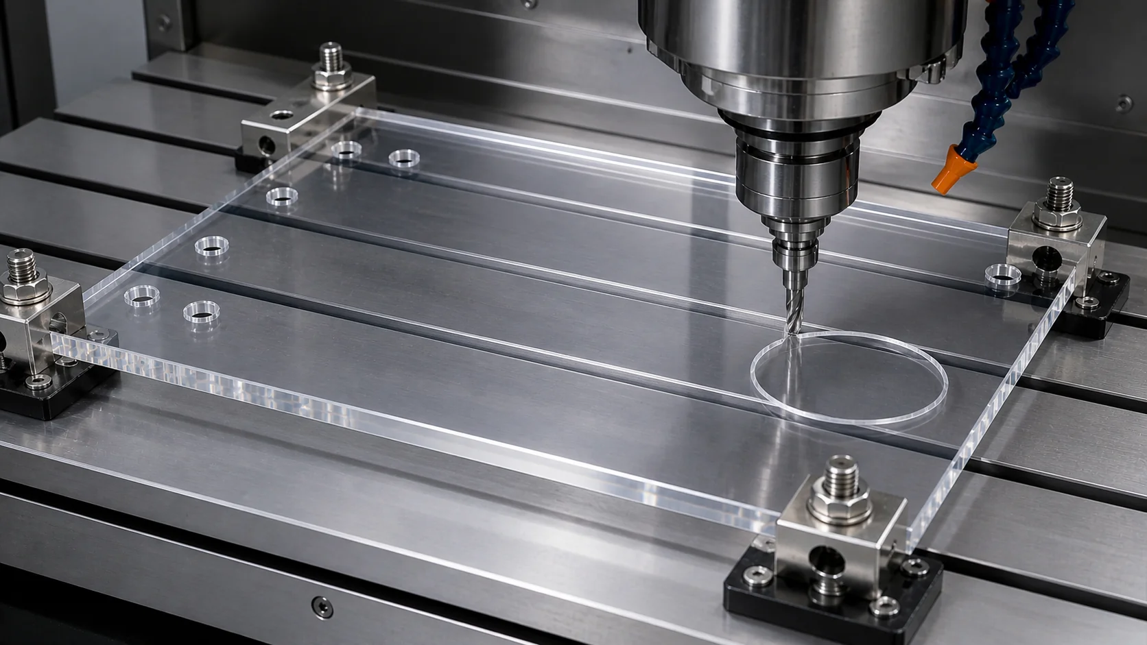 CNC-Fertigung einer Polycarbonat-Schutzscheibe mit präzisen Bohrungen und Ausschnitten