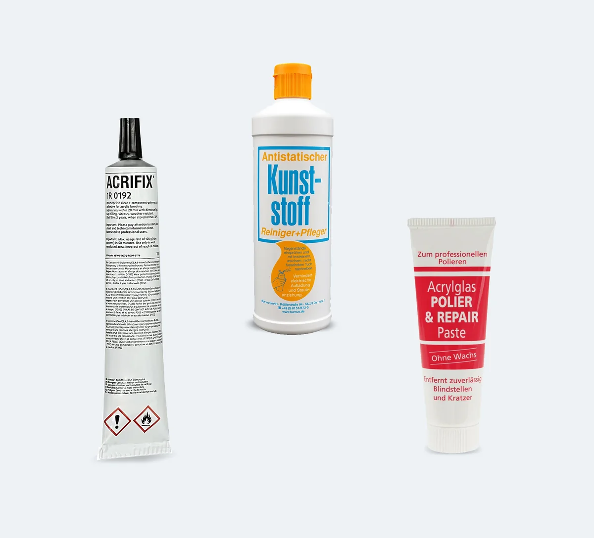 Zubehör für PLEXIGLAS® – ACRIFIX® Kleber, Kunststoffreiniger und Acrylglas-Polierpaste