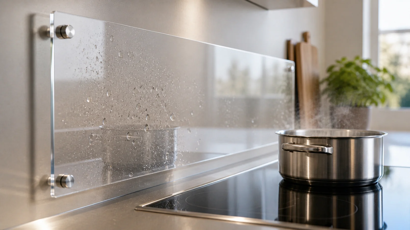 Glasklare PLEXIGLAS®-Spritzschutzwand hinter dem Herd in moderner Küche
