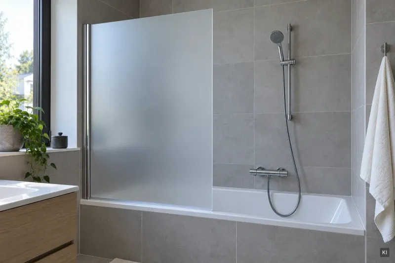 Spritzschutz aus satiniertem Acrylglas auf der Badewanne, im Wandprofil gehalten (KI-Visualisierung)