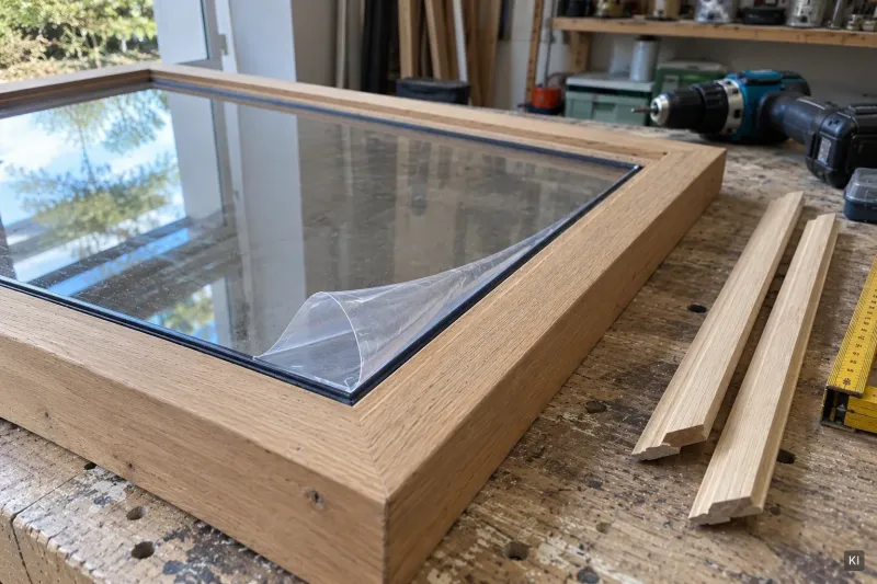Holzfenster auf der Werkbank: klare Kunststoffscheibe mit Dichtband im Falz, daneben Glasleisten (KI-Visualisierung)