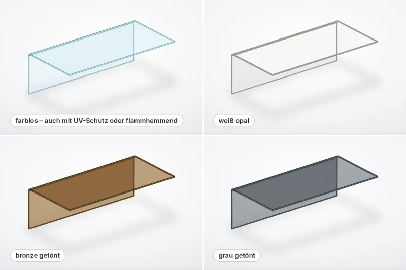 Polycarbonat-Winkel in farblos, weiß opal, bronze getönt und grau getönt