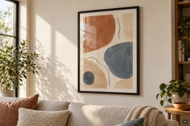 Bilderrahmen mit glasklarer Acrylglasscheibe an der Wohnzimmerwand (KI-Visualisierung)