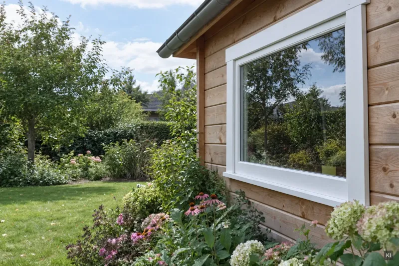 Gartenhausfenster mit glasklarer Scheibe aus PLEXIGLAS® im weißen Holzrahmen (KI-Visualisierung)