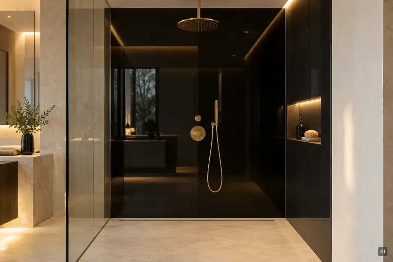 Walk-in-Dusche mit hochglänzender Duschrückwand aus schwarzem Acrylglas und goldfarbener Armatur (KI-Visualisierung)