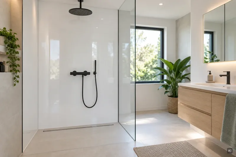 Walk-in-Dusche mit fugenloser Duschrückwand aus weißem Acrylglas und schwarzer Armatur (KI-Visualisierung)