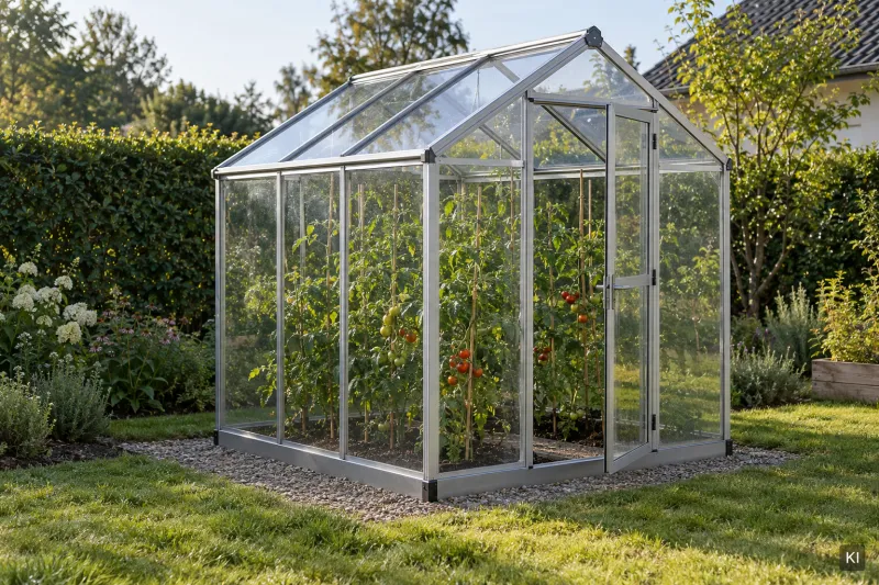 Gewächshaus mit glasklaren Scheiben und Tomatenpflanzen im Garten (KI-Visualisierung)