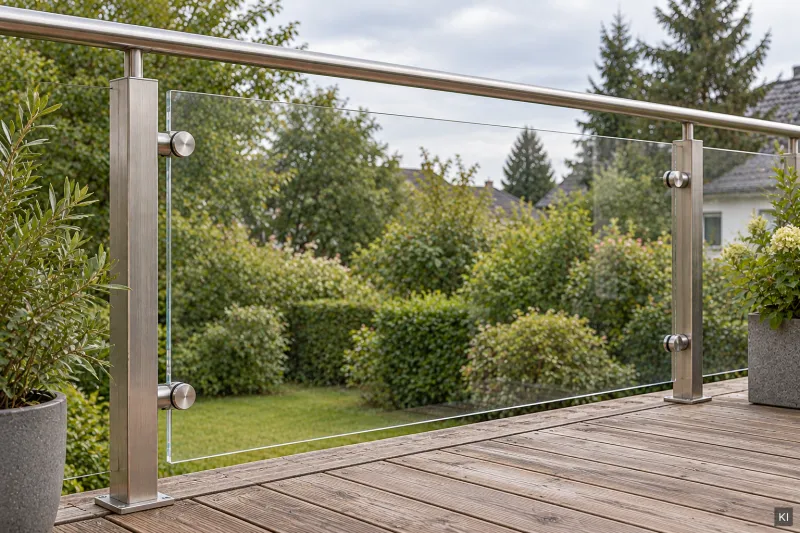 Windschutz aus glasklarem PLEXIGLAS® am Edelstahlgeländer einer Terrasse mit Blick in den Garten (KI-Visualisierung)