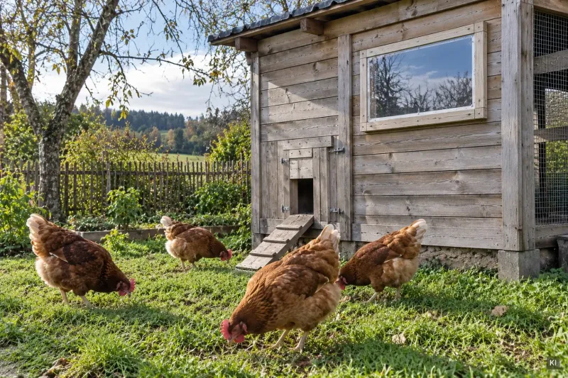 Hühnerstall aus Holz mit klarer Fensterscheibe aus Polycarbonat, davor Hühner im Garten (KI-Visualisierung)