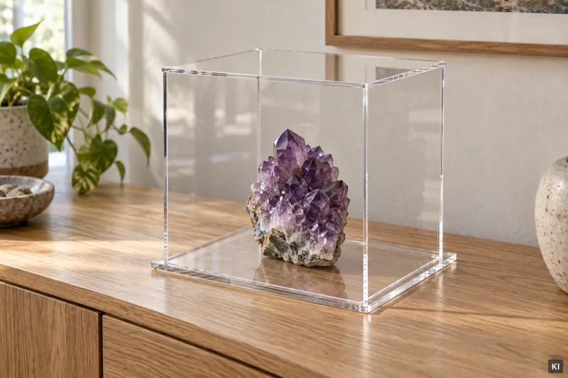 Box aus PLEXIGLAS® mit losem Boden als Vitrine für ein Sammlerstück (KI-Visualisierung)