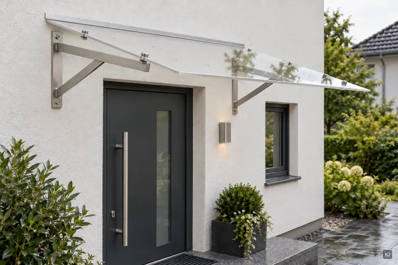 Vordach aus glasklarem Polycarbonat mit Edelstahlhaltern über einer Haustür (KI-Visualisierung)
